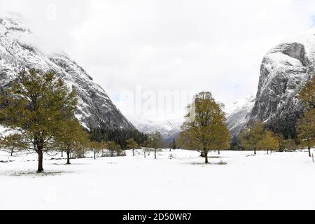 Eng, Austria. 12th Oct, 2020. Near the Austrian village of Eng am großen Ahornboden in the Karwendel Nature Park, cool temperatures and snow prevail. Credit: Felix Hörhager/dpa/Alamy Live News Stock Photo