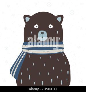 Cute Bear in winter scarf on a warm winter day. Vector Illustration Stock Vector