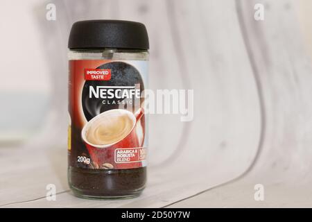 ABBOTTABAD, PAKISTAN - Sep 25, 2020: Nescafe 200g jar with empty space for text wooden background, abbottabad , kpk, Pakistan , 09 24 2020 Stock Photo