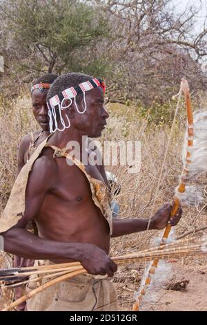 Portrait of a Hadza hunter. The Hadza, or Hadzabe, are an ethnic group in north-central tanzania, living around Lake Eyasi in the Central Rift Valley Stock Photo