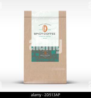 Spicy Coffee Craft Paper Bag Product Label. Abstract Vector Packaging Design Layout with Realistic Shadows. Modern Typography and Hand Drawn Beans and Stock Vector