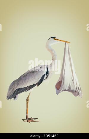 Retro styled image of a stork holding a newborn baby in a white blanket Stock Photo