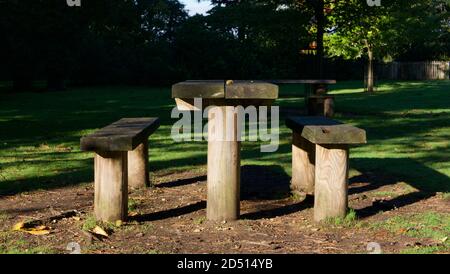 Simple wooden table and wooden benches in parkland in autumn Stock Photo