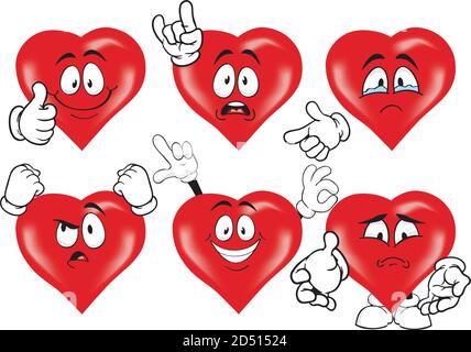 A vector set of drawing hearts in different situations. Drawing mascots. Stock Vector