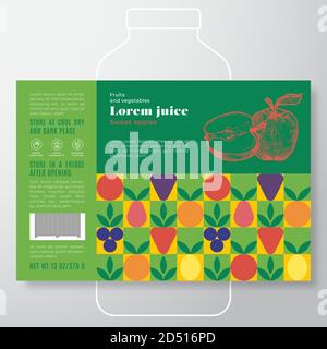 Fruit and Vegetables Pattern Juice Label Template. Abstract Vector Packaging Design Layout. Modern Typography Banner with Hand Drawn Apple with a Stock Vector