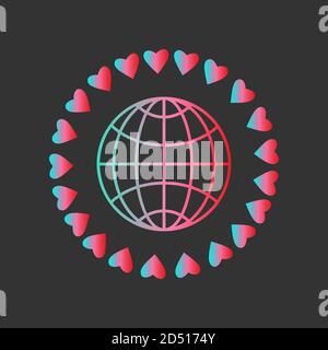 Globe icon, circle of hearts. Gradient colors, blue pink red. Concept of love, kindness, peace on planet. Stock Vector