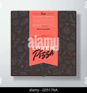 Wild Salmon Fish Frozen Pizza Realistic Cardboard Box. Abstract Vector Packaging Design or Label. Modern Typography, Sketch Seamless Food Pattern Stock Vector