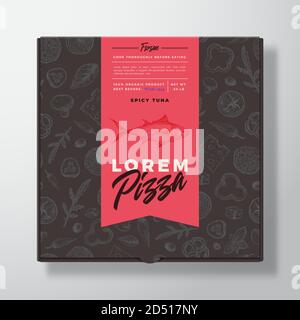 Spicy Tuna Fish Frozen Pizza Realistic Cardboard Box. Abstract Vector Packaging Design or Label. Modern Typography, Sketch Seamless Food Pattern Stock Vector