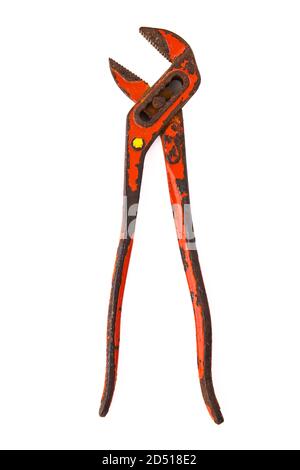 Pipe Wrench, old spanner isolated on white background Stock Photo