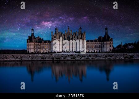 Loire, France - April 14, 2019: The castle of Chambord at night with the milky way. Chateau de Chambord, the largest castle in the Loire Valley. A UNE Stock Photo