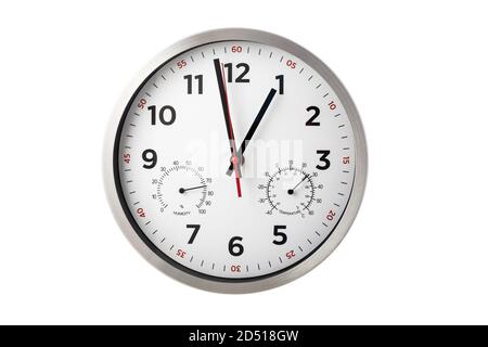 Modern wall clock shows hours, minutes, temperature, humidity isolated on white Stock Photo