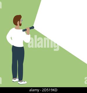 A young man stands with a flashlight on. Shines on the text. Banner with free space. Vector template illustration. Stock Vector