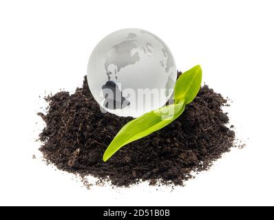 Glass ball with pile of earth and plant Stock Photo