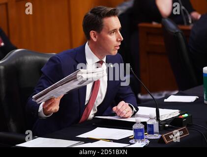 Washington, United States. 12th Oct, 2020. Senator Josh Hawley (R-Mo) speaks at the Senate Judiciary Committee confirmation hearing for Supreme Court nominee Judge Amy Coney Barrett on Capitol Hill in Washington, DC on Monday, October12, 2020. The hearings are expected to last four days. If confirmed, Barrett will replace Justice Ruth Bader Ginsburg, who died last month. Photo by Kevin Dietsch/UPI Credit: UPI/Alamy Live News Stock Photo