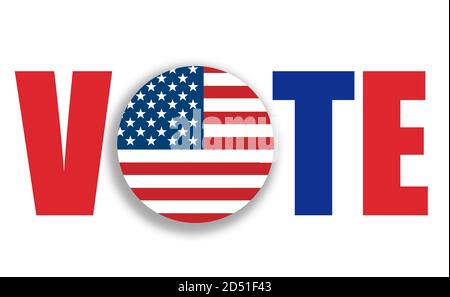 The word VOTE in red and blue letters with the letter O made like a badge with the American flag. Isolated on white background. USA election and votin Stock Photo
