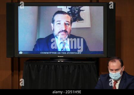 Washington, USA. 12th Oct, 2020. Senator Ted Cruz, a Republican from Texas, speaks via videoconference speaks during a Senate Judiciary Committee confirmation hearing in Washington, DC, U.S., on Monday, Oct. 12, 2020. Voters will get their first close look at Judge Amy Coney Barrett in hearings that begin today and are all but certain to lead to President Donald Trump's Supreme Court nominee being placed on the high court just days before the election. Photo by Stefani Reynolds/Pool/Sipa USA Credit: Sipa USA/Alamy Live News Stock Photo
