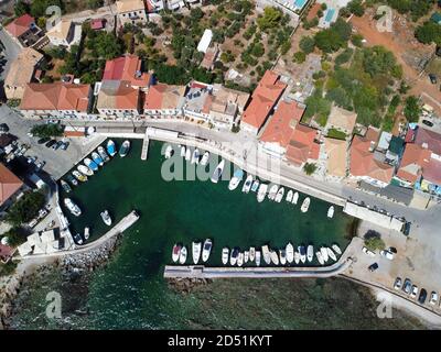 Aerial view of Aghios Nikolaos fish village and harbor in Mani, Greece Stock Photo