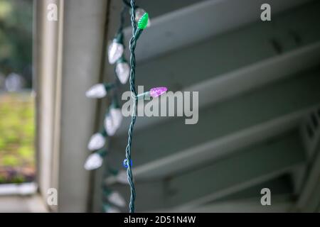 father and adult son hanging christmas lights on the gutter with a ladder Stock Photo