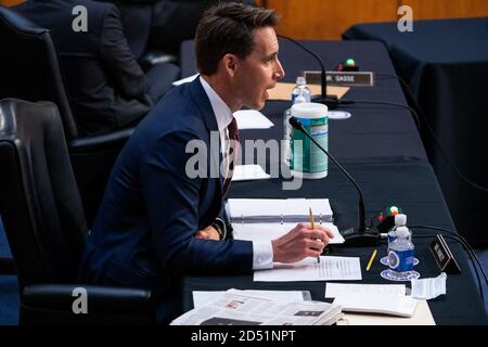 Washington, United States. 12th Oct, 2020. United States Senator, Josh Hawley (R-MO.) speaks when Supreme Court nominee Judge Amy Coney Barrett appears before the Senate Judiciary Committee confirmation hearing on Capitol Hill on October 12, 2020 in Washington, DC. Barrett was nominated by President Donald Trump to fill the vacancy left by Justice Ruth Bader Ginsburg who passed away in September. Pool photo by Demetrius Freeman/UPI Credit: UPI/Alamy Live News Stock Photo