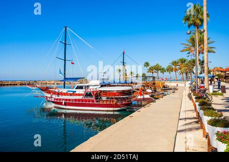 Boats at the pier in Side town, situated in Antalya region on the southern Mediterranean coast of Turkey. Stock Photo