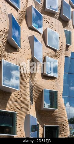 Detail view of undulating brick wall. Dr Chau Chak Wing Building, UTS Business School, Sydney, Australia. Architect: Gehry Partners, LLP, 2015.