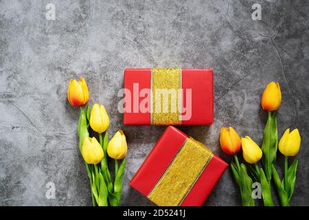 Boxing day Sale concept christmas gift box on cement background, top view Stock Photo