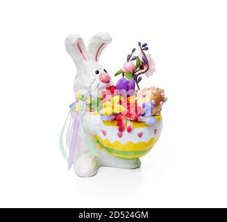 Easter bunny with flower arrangement on a white background Stock Photo