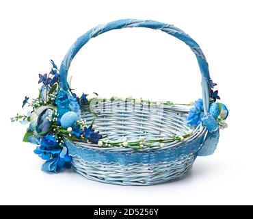Festive basket with a flower arrangement on white background Stock Photo