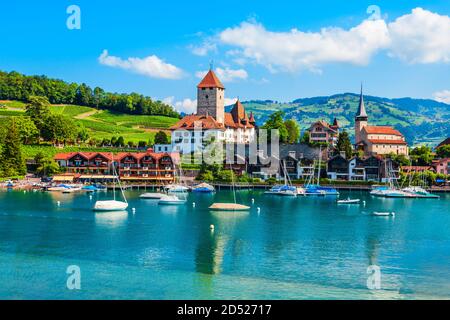 Spiez Castle or Schloss Spiez and Schlosskirche Church near Thun lake in Spiez town of Bern canton in Switzerland Stock Photo