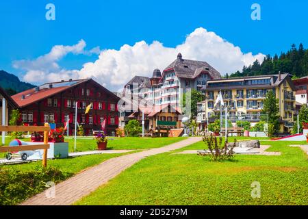 Traditional local houses in Wengen village in the Interlaken district in the Bern canton of Switzerland Stock Photo