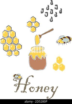 Cute Seamless Pattern with Honey and bees. Scandinavian Hand Drawn Style. Vector Illustration Stock Vector