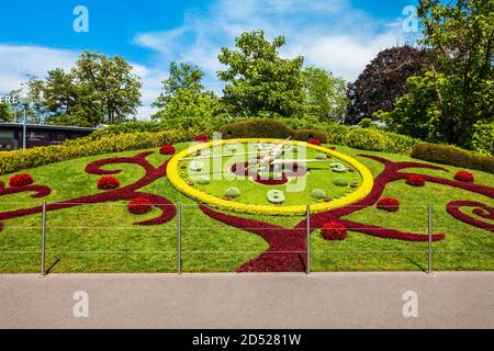 Flower clock or L'horloge fleurie is a symbol of the city watchmakers, located in Jardin Anglais park in Geneva city in Switzerland Stock Photo