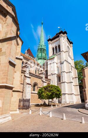 Saint Pierre or St. Peter Cathedral Reformed Protestant Church of Geneva is located in the centre of Geneva city in Switzerland Stock Photo