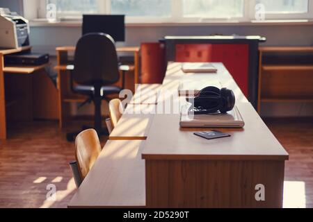 Computer class in secondary, university. Computer room is empty waiting for students to study. Stock Photo
