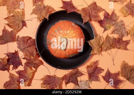 Top view orange pumpkin on black plate and dried autumn maple leaves on pastel orange. Halloween, thanksgiving day. Stock Photo