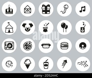 Birthday Party Icons Black & White Flat Design Circle Set Big Stock Vector