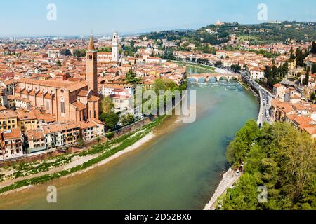 Santa Anastasia Church and Verona Cathedral aerial panoramic view in Verona, Veneto region in Italy Stock Photo