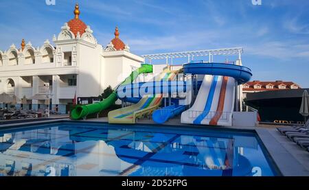 COLAKLI, TURKEY - NOVEMBER 10, 2019: Oz Hotels Side Premium Resort with aquapark and pool in Colakli town near Side, Antalya region on the Mediterrane Stock Photo