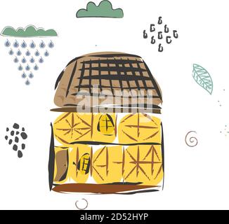 Cute Winter Icon with House and CLoud. Hand Drawn Scandinavian Style. Vector Illustration Stock Vector