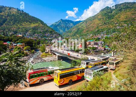 KULLU, INDIA - OCTOBER 02, 2019: Beas river near Kullu town aerial panoramic landscape, Kullu valley in Himachal Pradesh state in India Stock Photo