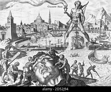 Colossus of Rhodes, engraving by Philips Galle from artwork by Maarten van Heemskerck, 16th century Stock Photo