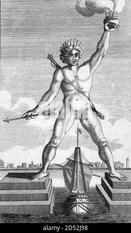 Colossus of Rhodes, 18th century etching from a print by Johann Bernhard Fischer von Erlach Stock Photo