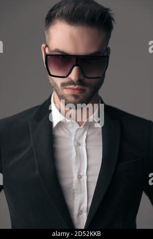 Closeup of determined fashion model wearing suit and sunglasses while standing on gray studio background Stock Photo