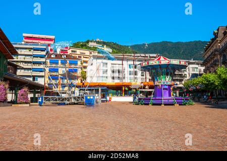 MONTREAUX, SWITZERLAND - JULY 19, 2019: Carousel in the centre of Montreaux. Montreux is a town on the shoreline of Lake Geneva at the foot of the Alp Stock Photo