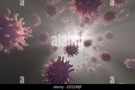 Poliovirus with receptors (spikes). It´s an infectious disease causing polio (or poliomyelitis) and is spread by contaminated food, water or saliva. Stock Photo