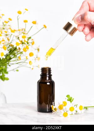 Glass brown bottle of essence or serum and with chamomile flowers Stock Photo