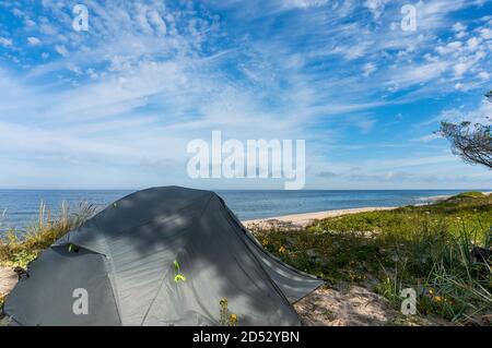 camping on the sea coastline, tourist tents on the Baltic sea coast Stock Photo