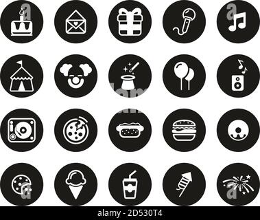 Birthday Party Icons White On Black Flat Design Circle Set Big Stock Vector