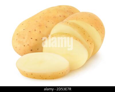 Isolated washed potatoes. One whole raw potato and one cut in pieces isolated on white background Stock Photo