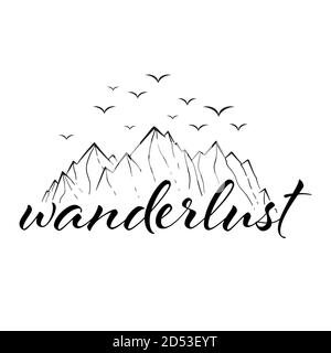 Wanderlust mountain black on white. Adventure travel icon with birds. Vector illustration. . Vector illustration Stock Vector